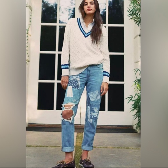 American Eagle Outfitters Blue Patchwork Mom Straight Jeans 12 - Picture 4 of 10